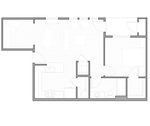 Floor plan for 1 bed, 1 bath, 686 sqft